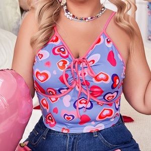 Plus heart print drawstring cami top